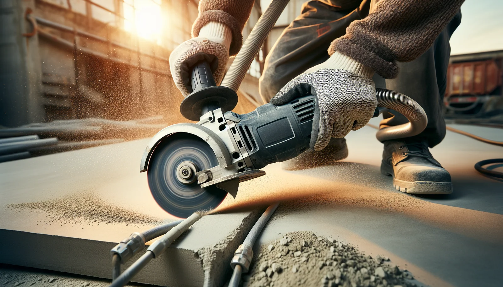 Cutting concrete with an angle grinder — diamond blade with vacuum dust shroud