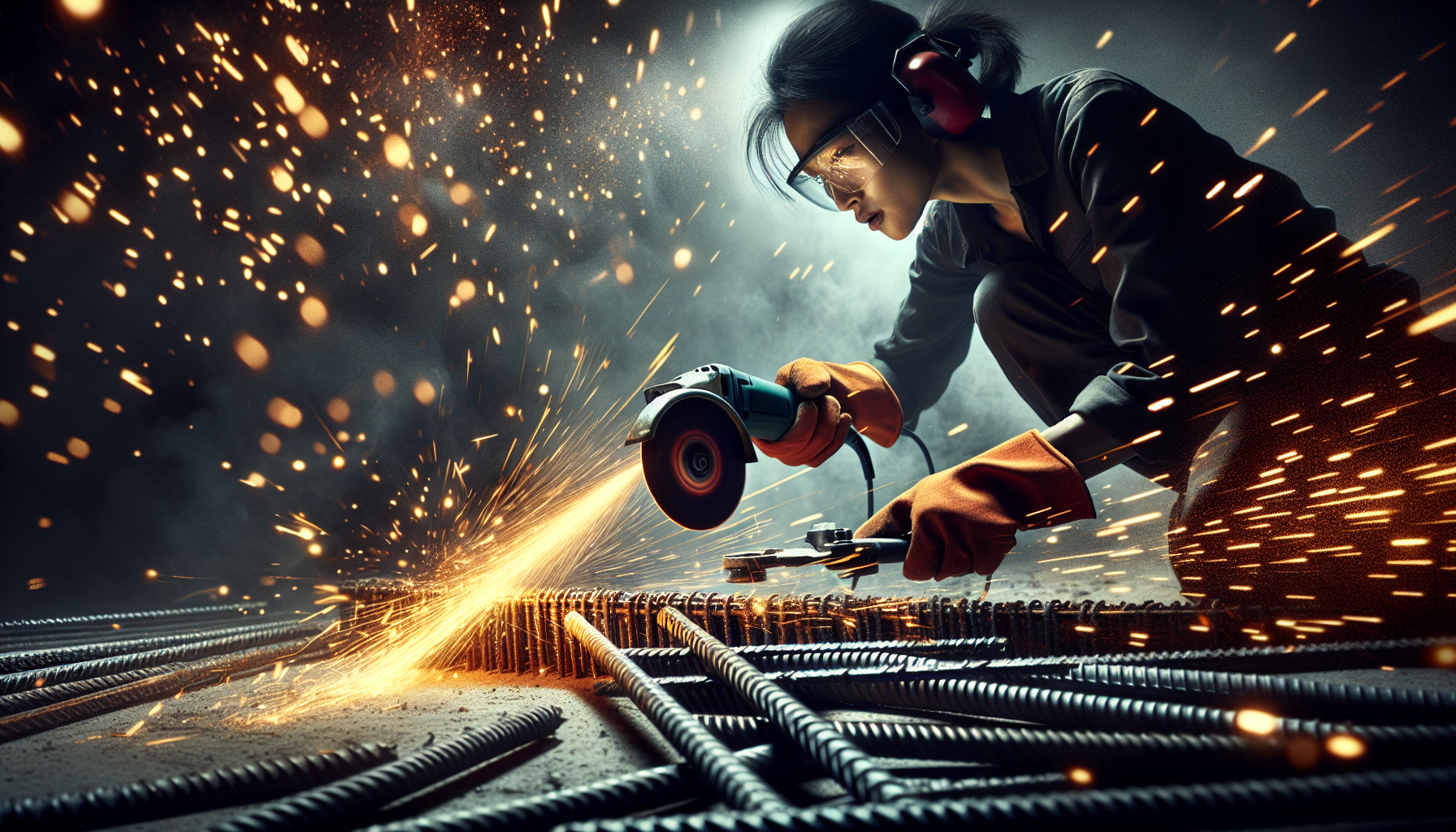 Cut metal angle grinder — sparks from cutting rebar