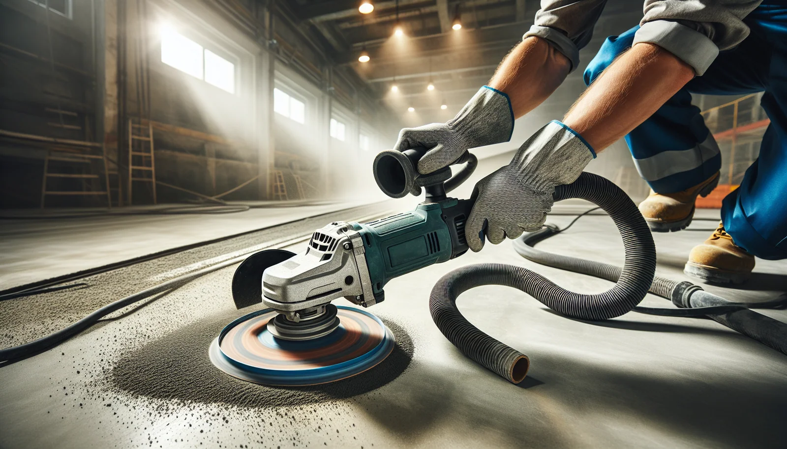 Diamond cup wheel grinding a garage concrete floor to prep for epoxy coating