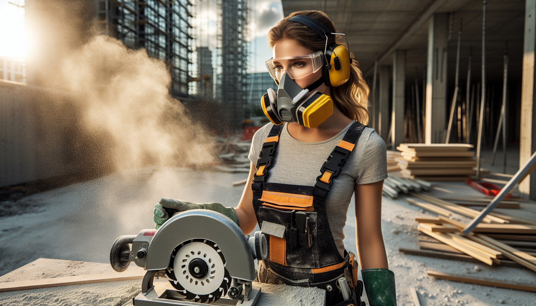 Silica dust safety — worker with P100 respirator during concrete cutting