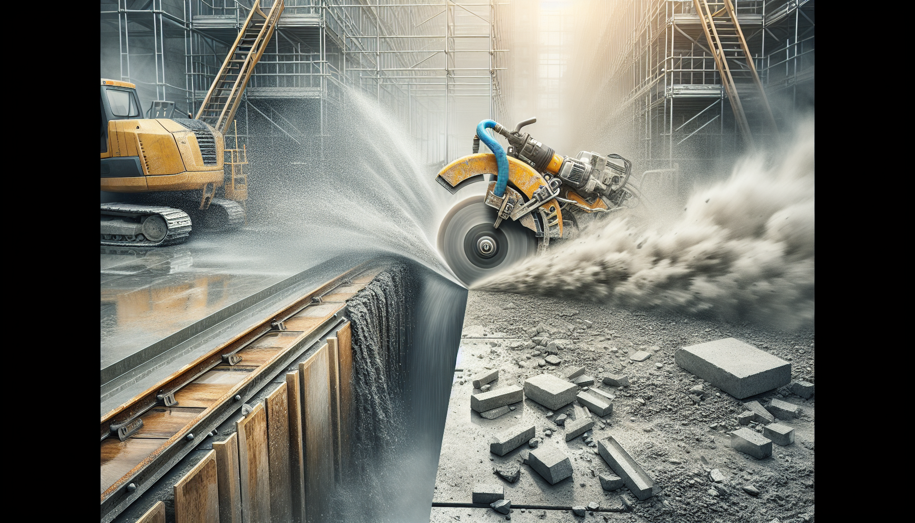 Wet vs dry cutting concrete — water spray versus dust cloud