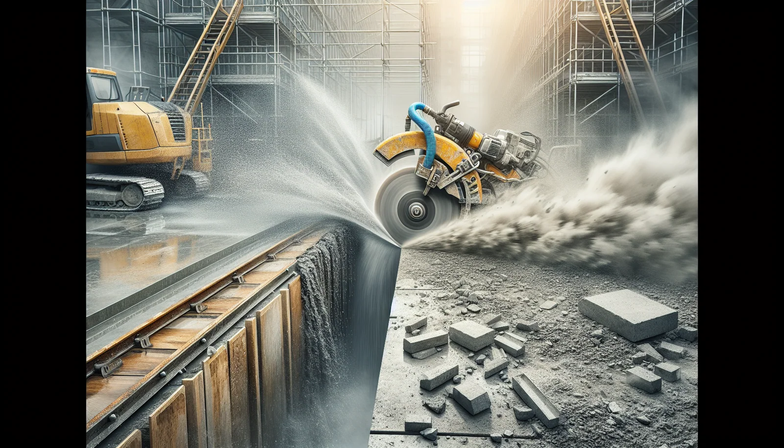 Wet vs dry cutting concrete — water spray versus dust cloud